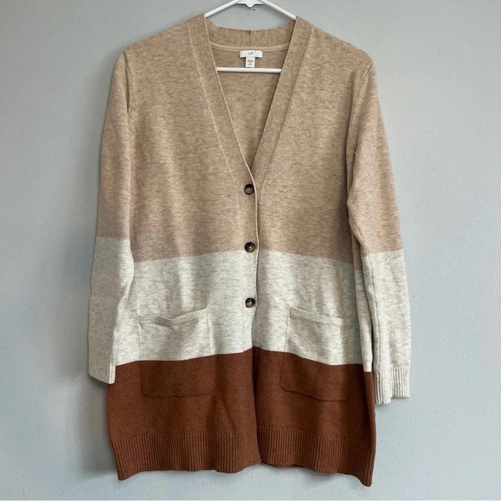 J.Jill Brown Tan Cotton Blend Long Sleeve Button-Down Colorblock Cardigan Sz M - Picture 1 of 10
